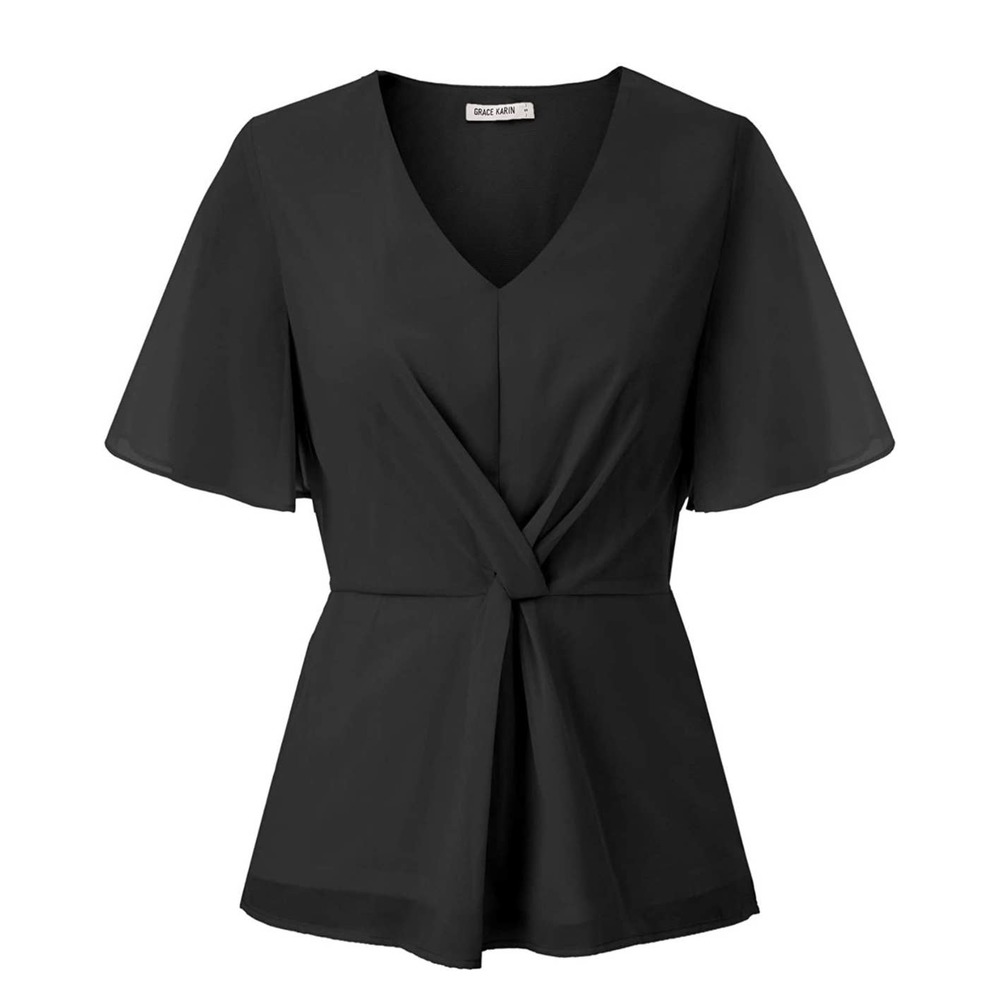 Women's Casual Short Sleeve V Neck Chiffon Blouse T-Shirt Tops Black 2XL